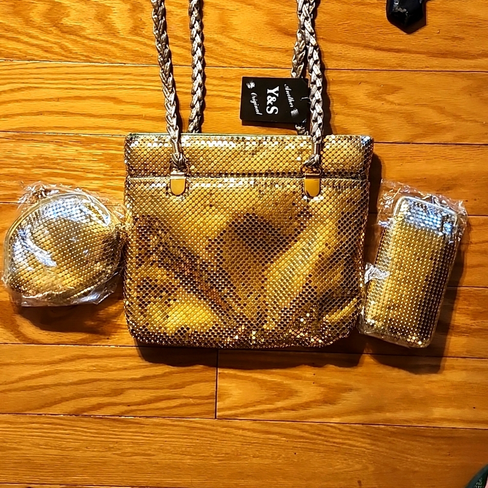 Y&S Original Gold Metallic Evening Bag with Sunglass & Coin Purse!